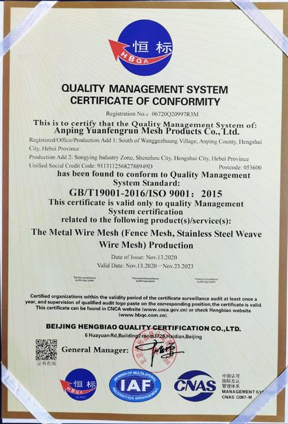 Porcelana Anping yuanfengrun net products Co., Ltd Certificaciones